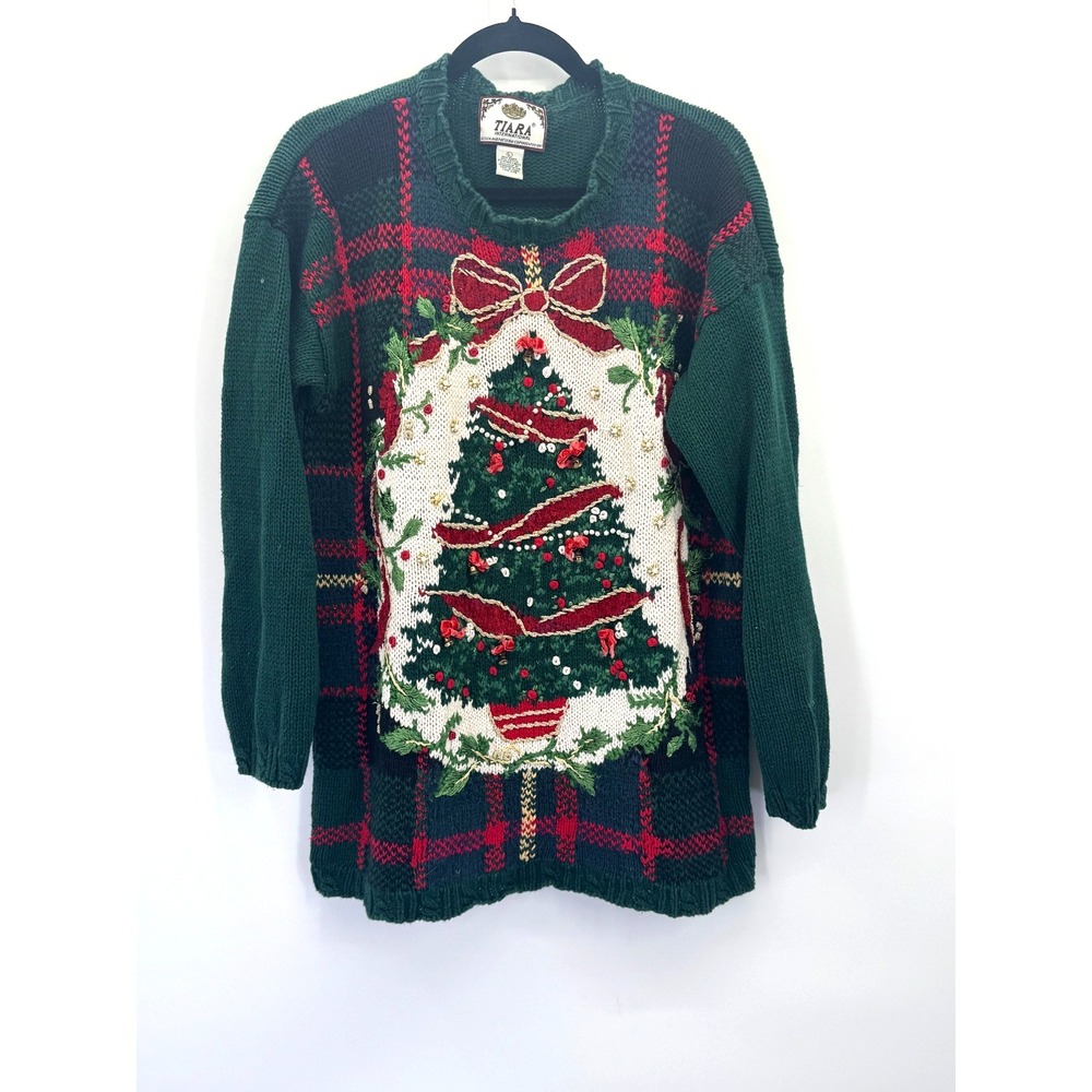 VTG Tiara Christmas Tree Embroidered Crochet Plaid Sweater L Holiday Novelty 90s